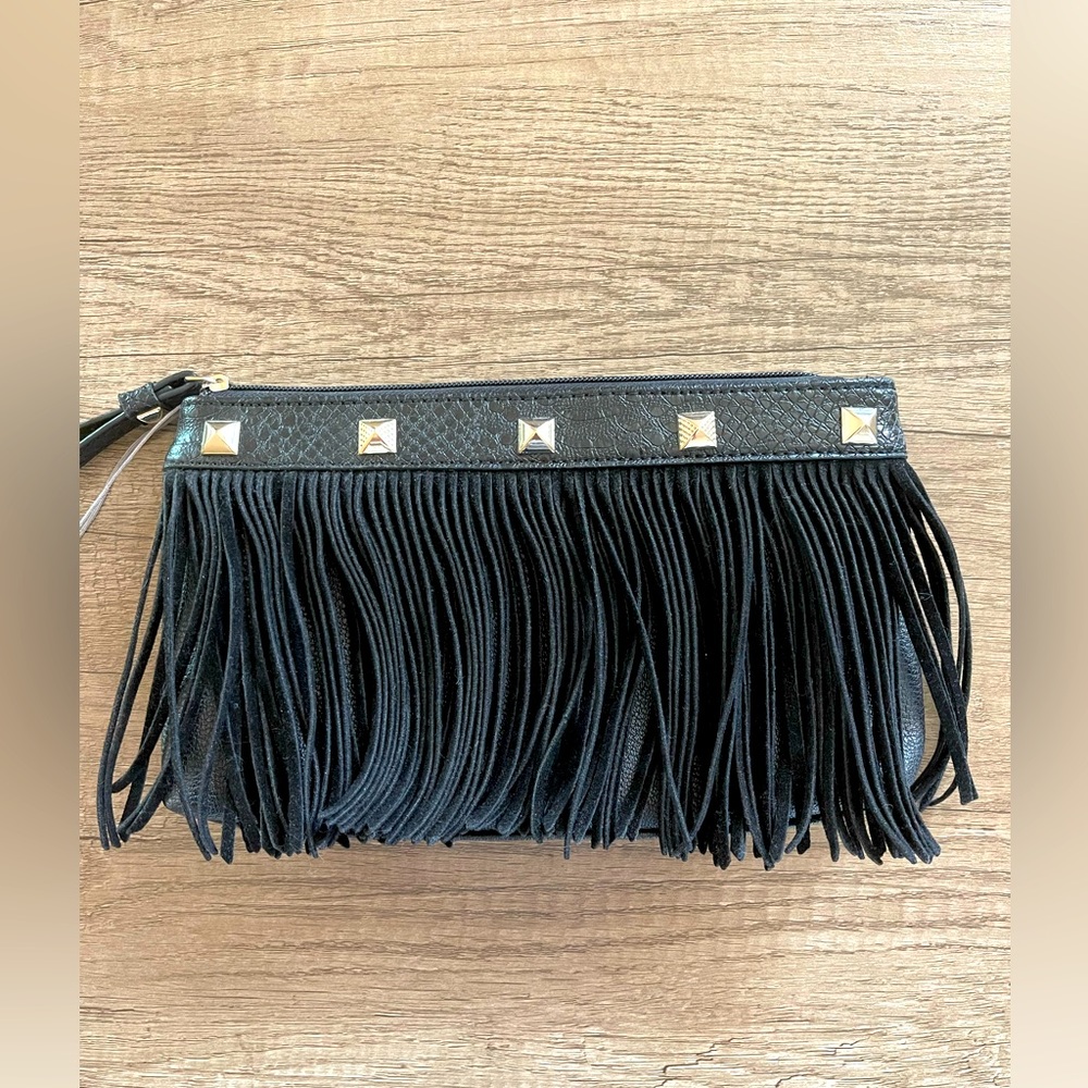 Jennifer Lopez Black Fringe Wristlet Clutch with Gold Studs